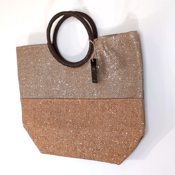 NWT Jute Lucky 7 Gold Glitter Bling Tote / Beach Bag / Travel Bag Round Handles - Picture 3 of 10